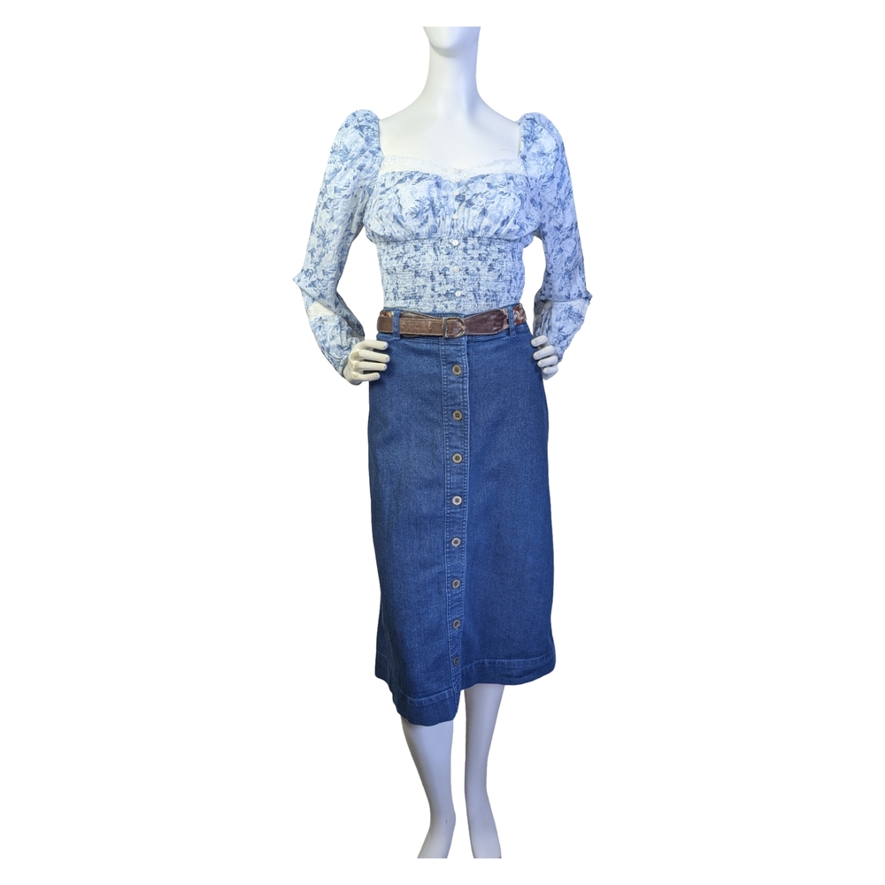American Eagle Blue Floral Smocked Prairie Blouse | Cottagecore Western | Size M - Picture 2 of 12